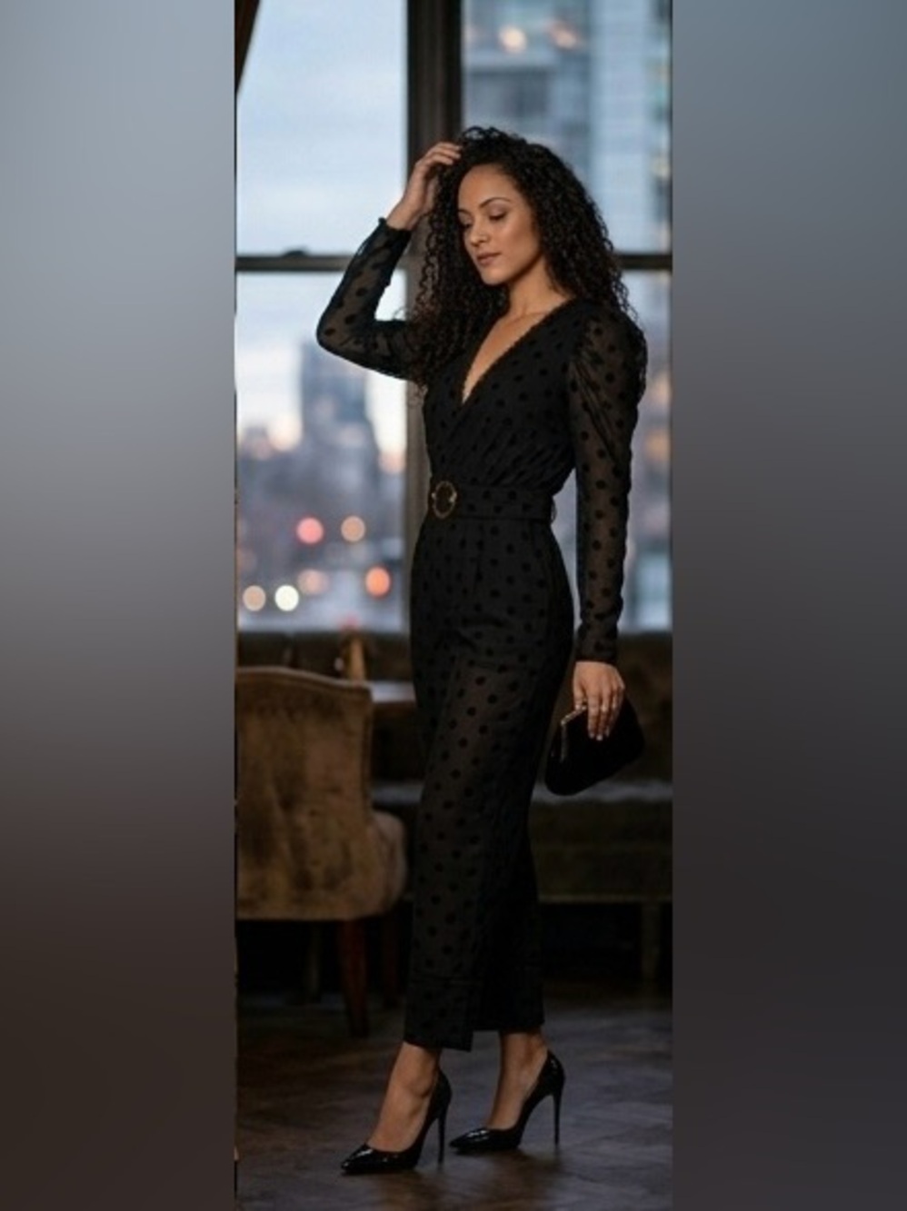 Tularosa Black Flocked Polka Dot Sheer Sleeve Jumpsuit XS